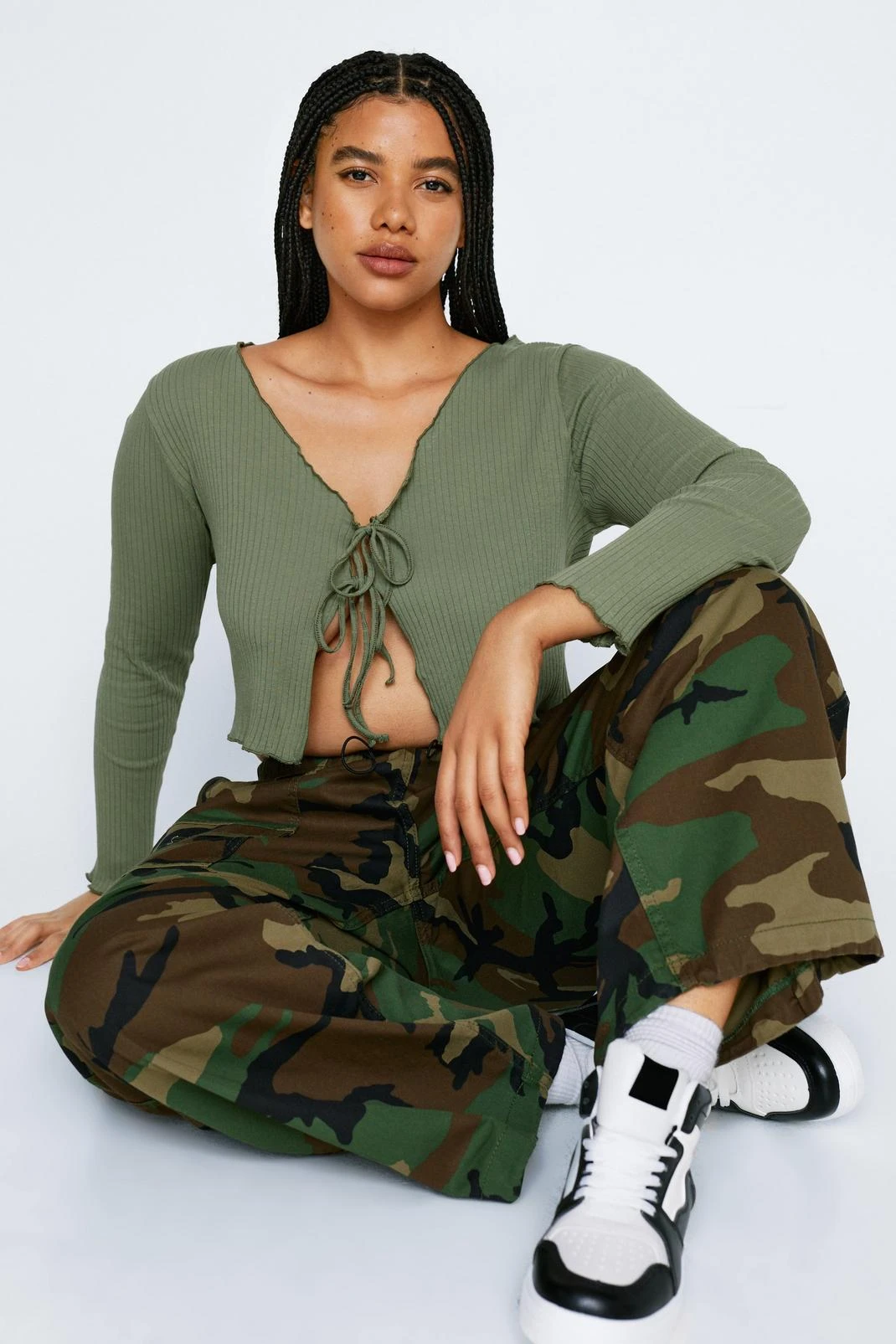 Plus Size Lettuce Edge Tie Detail Long Sleeve Top - Image 2