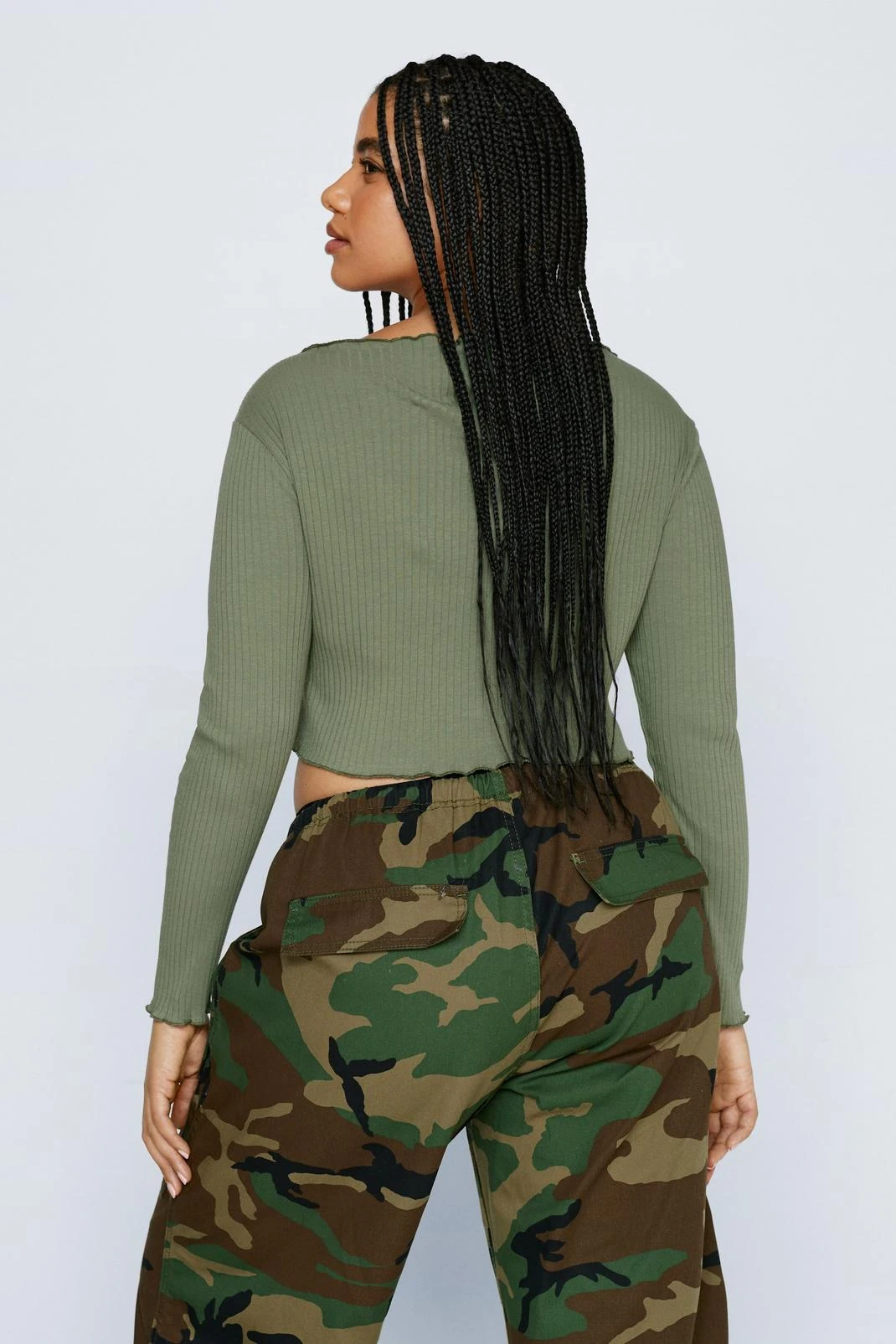 Plus Size Lettuce Edge Tie Detail Long Sleeve Top - Image 3