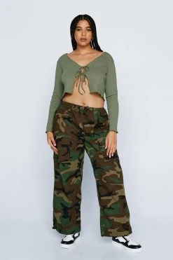 Plus Size Lettuce Edge Tie Detail Long Sleeve Top