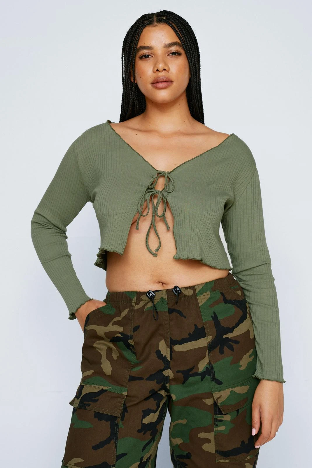 Plus Size Lettuce Edge Tie Detail Long Sleeve Top - Image 4