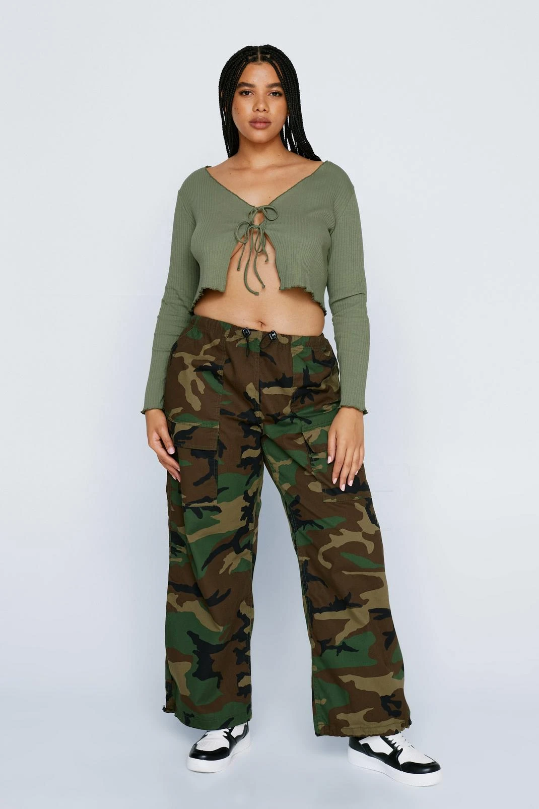 Plus Size Lettuce Edge Tie Detail Long Sleeve Top