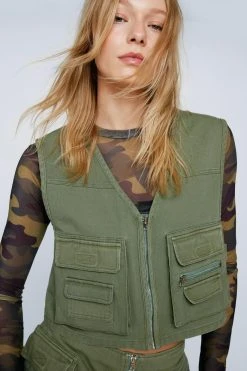 Zip Through Cropped Utility Puffer Vest