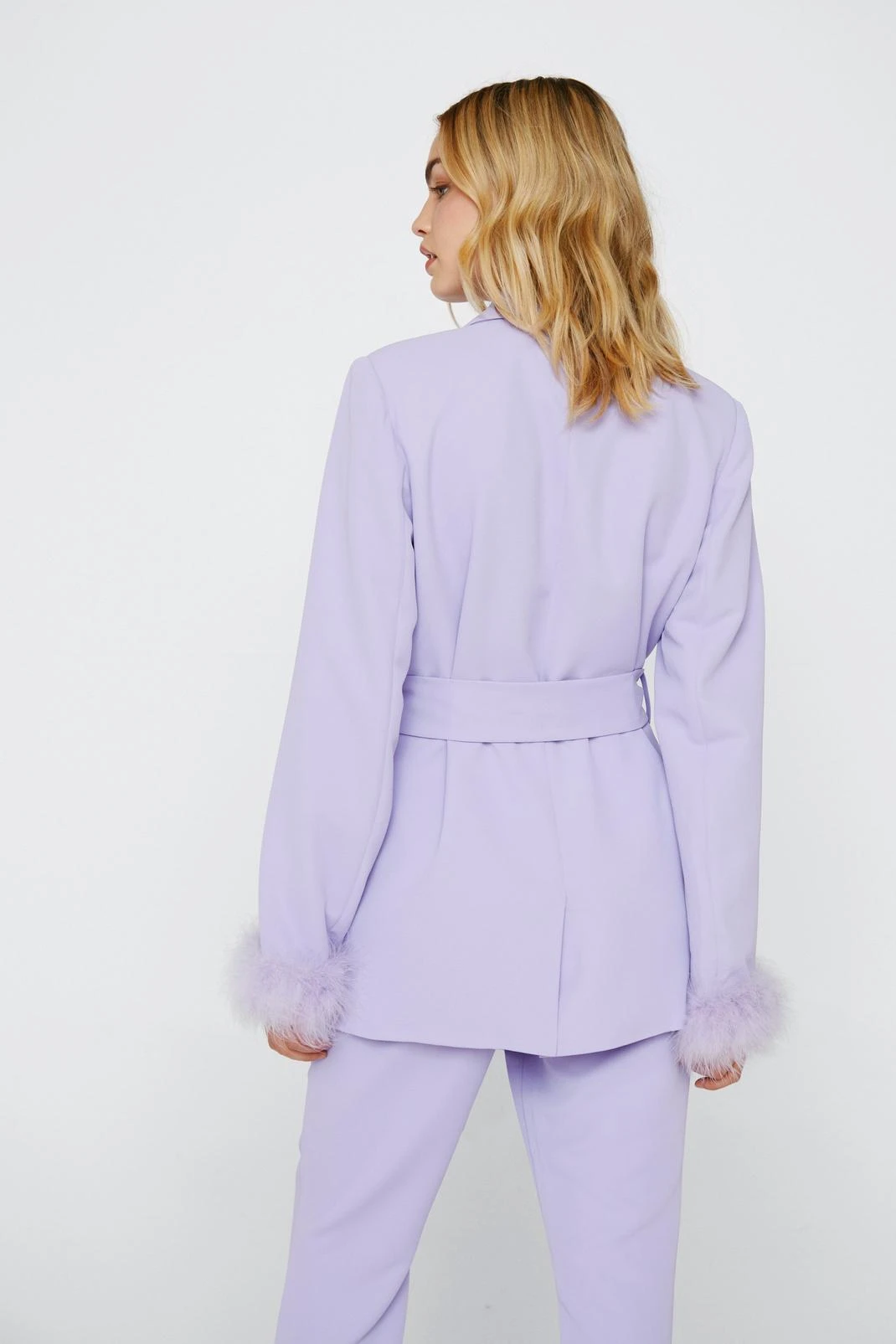 Belted Blazer With Feather Cuffs - Image 3