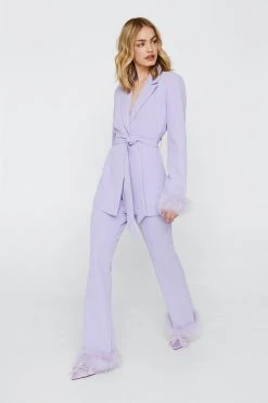 Belted Blazer With Feather Cuffs