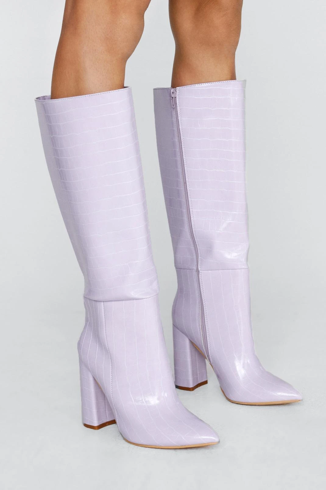 Faux Croc Block Heel Knee High Boots - Image 2