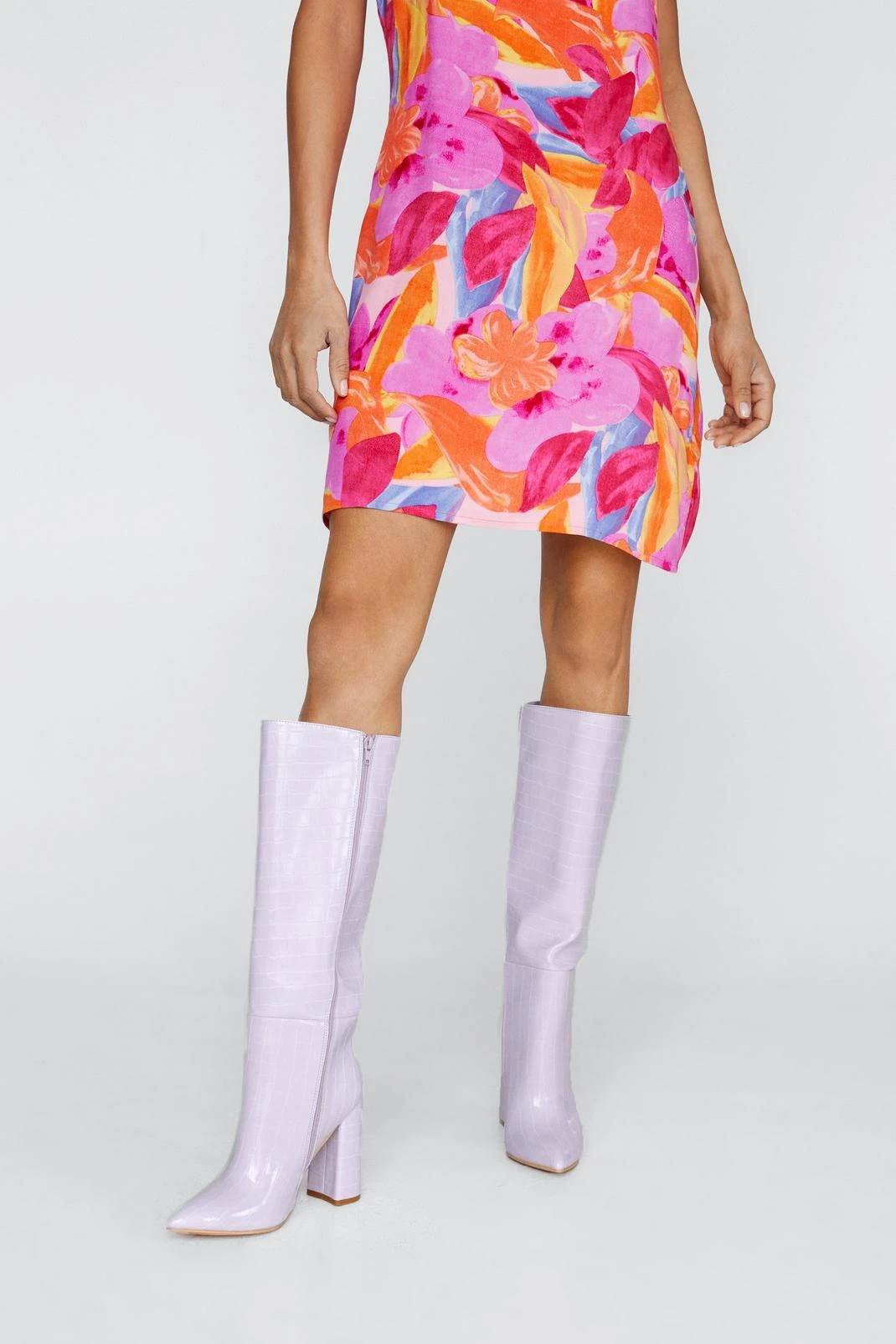 Faux Croc Block Heel Knee High Boots