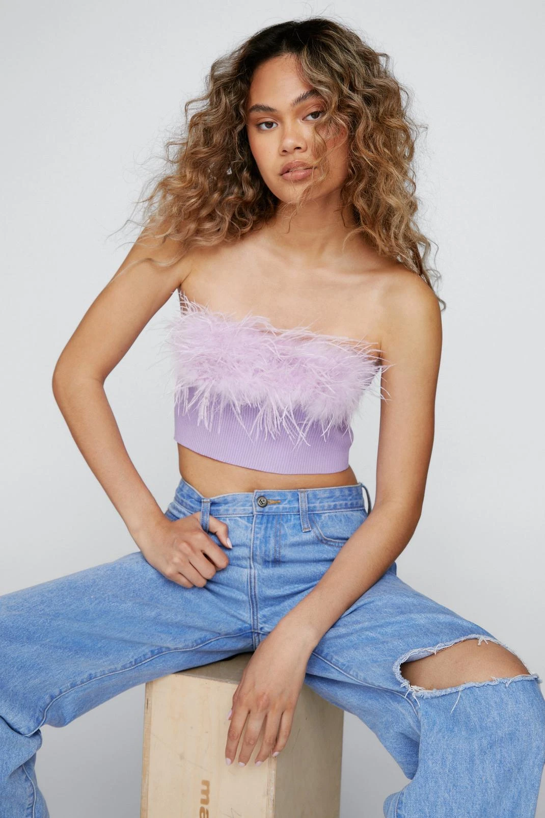 Faux Feather Trim Ribbed Bandeau Top - Image 5