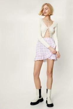 Wrap Front Ruffle Gingham Print Mini Skirt