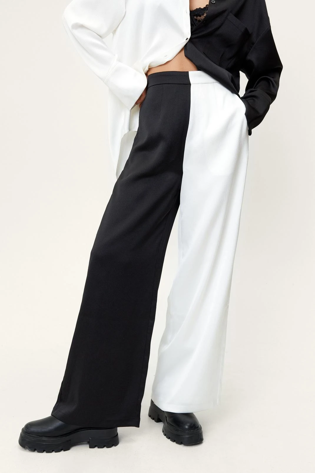 Hammered Satin Mono Spliced Wide Leg Pants
