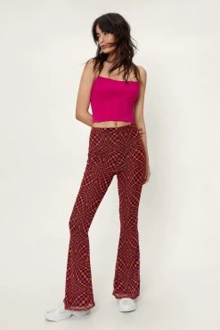 Abstract Check Print Mesh Flared Pants