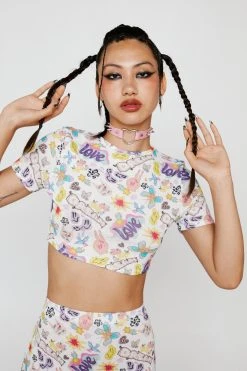 Cartoon Doodle Crepe Mesh Crop Top