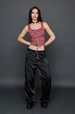 Check Print Lace Up Corset Top