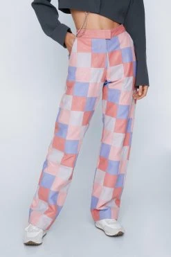 Checkerboard Print Real Leather Pants