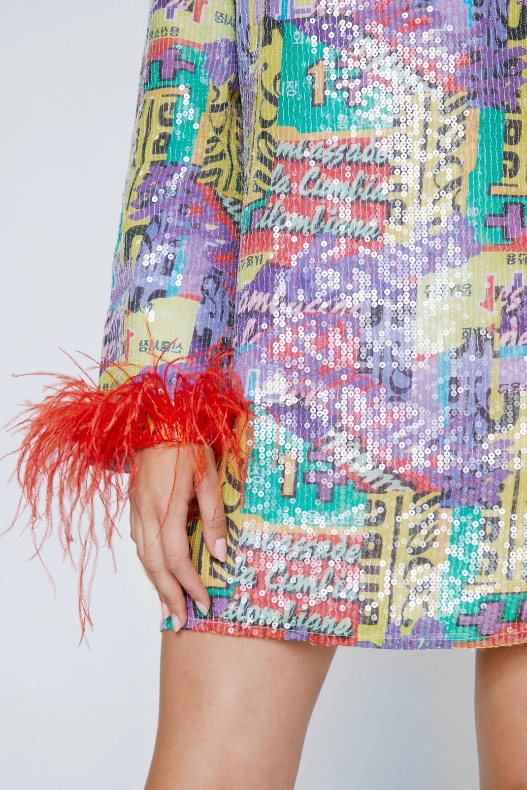 Graphic Print Sequin Feather Trim Mini Dress - Image 2