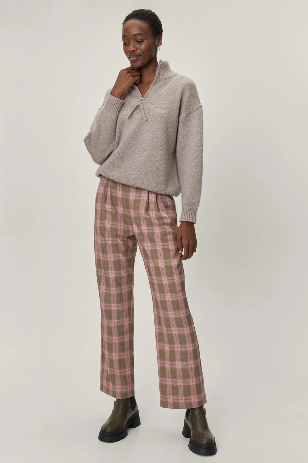 High Waisted Wide Leg Check Print Pants