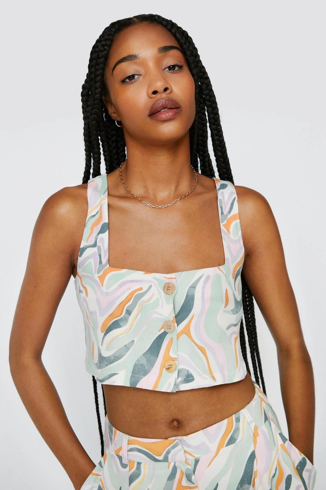Marble Print Button Crop Top Two Piece - Image 2