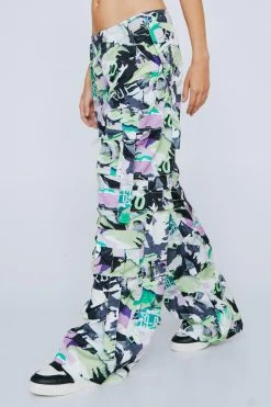 Nylon Camo Print Strap Detail Dual Hem Cargo Pants