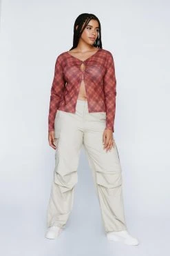 Plus Size Check Print Long Sleeve Mesh Top