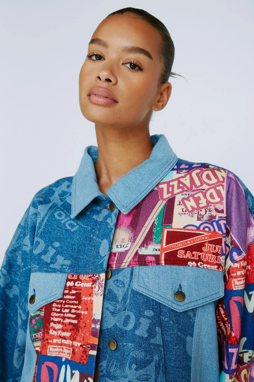 Plus Size Jazz Print Denim Oversized Jacket - Image 2