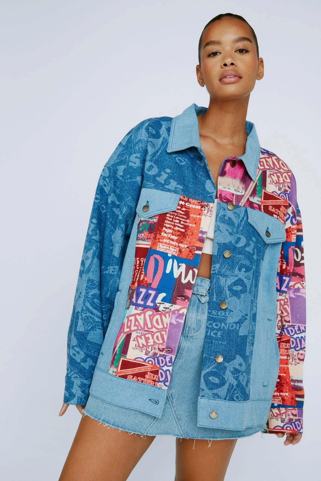 Plus Size Jazz Print Denim Oversized Jacket - Image 4