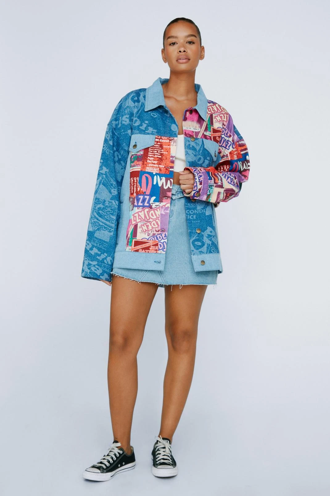 Plus Size Jazz Print Denim Oversized Jacket