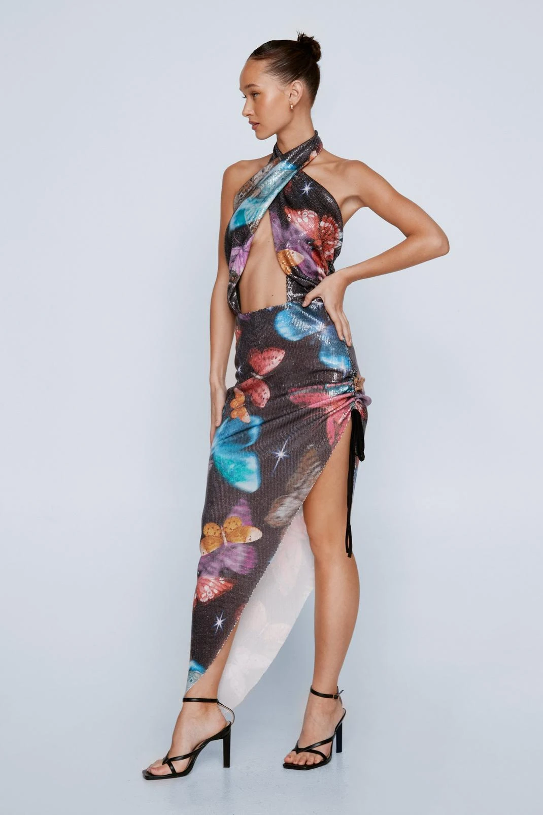 Printed Butterfly Sequin Halter Neck Midi Dress - Image 2