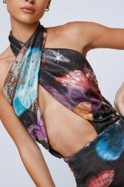 Printed Butterfly Sequin Halter Neck Midi Dress