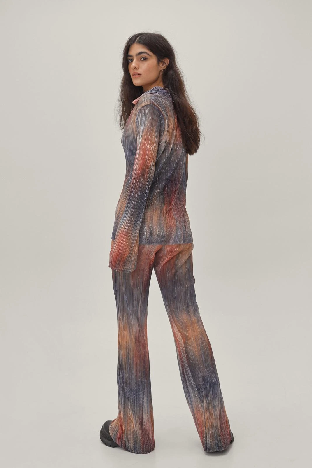 Rainbow Metallic Plisse Flare High Waist Pants - Image 3