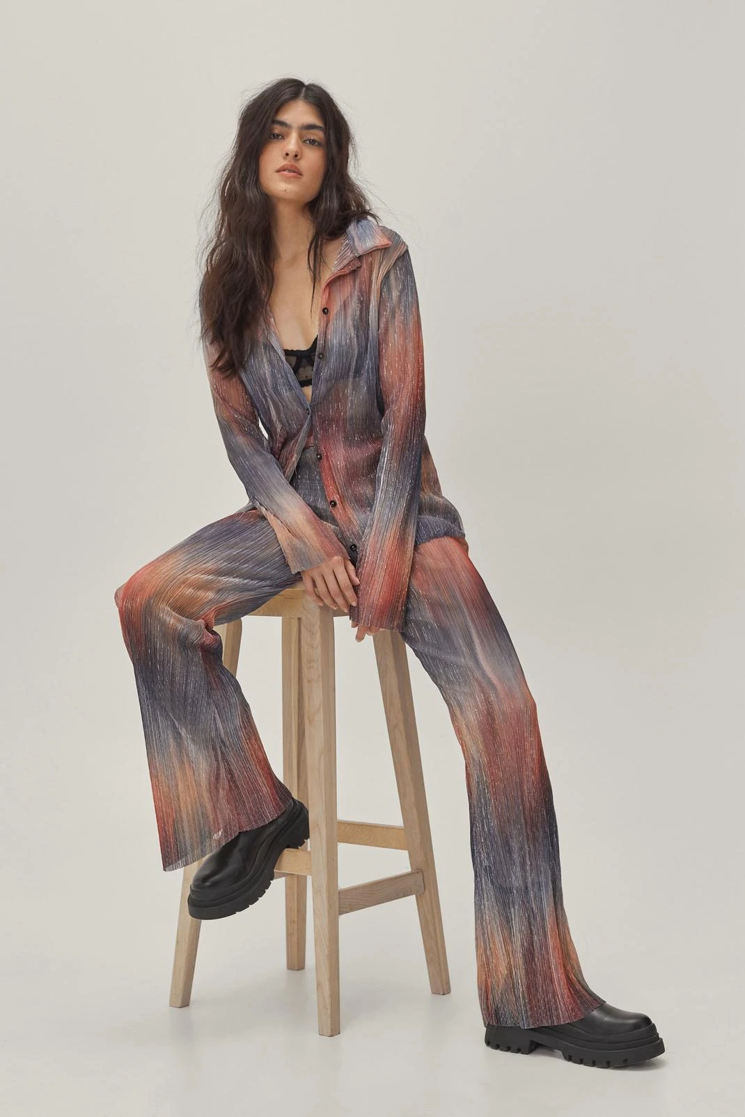 Rainbow Metallic Plisse Flare High Waist Pants - Image 4