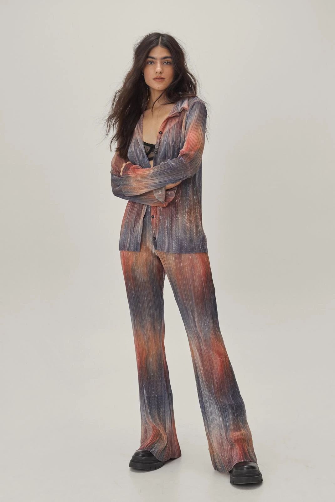 Rainbow Metallic Plisse Flare High Waist Pants
