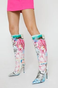 Wide Fit Anime Print Knee High Stiletto Boots