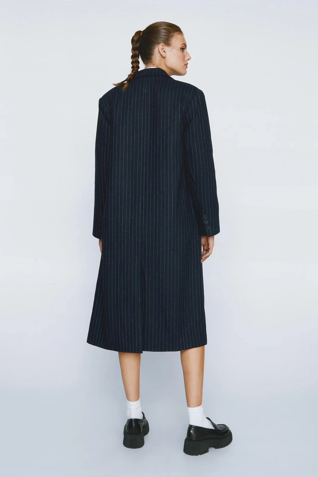 Pinstripe Wool Blend Contrast Stitch Duster - Image 3