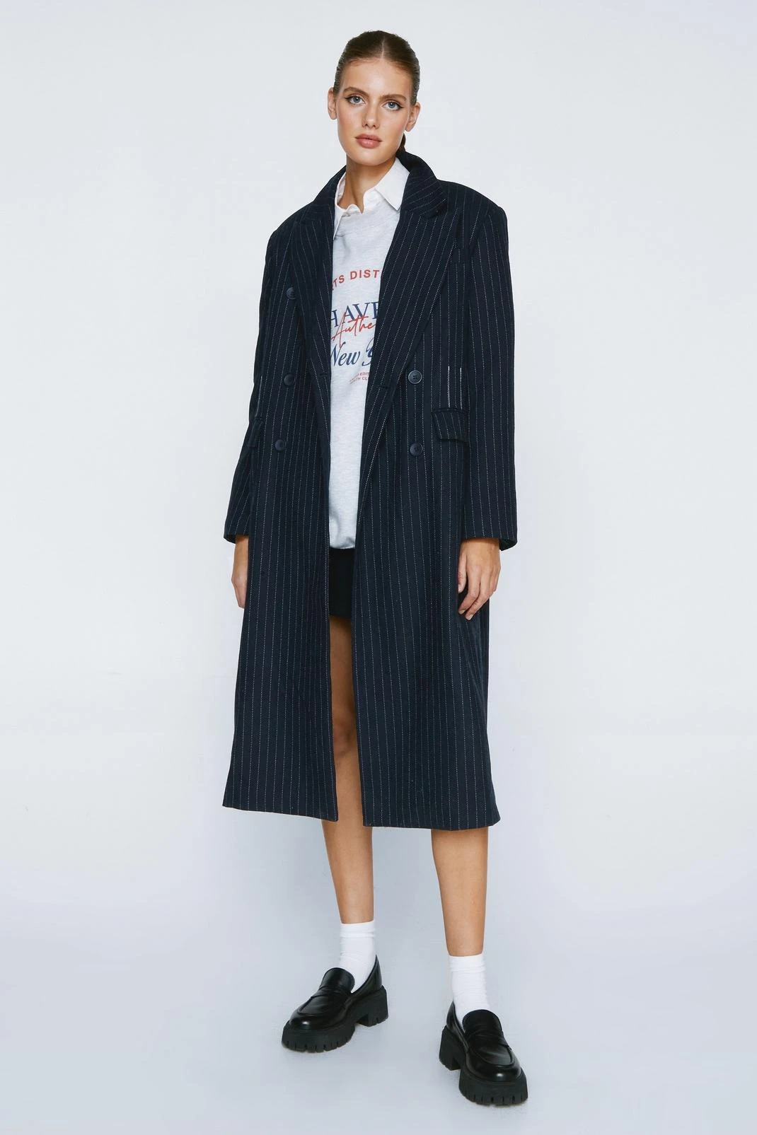 Pinstripe Wool Blend Contrast Stitch Duster - Image 4