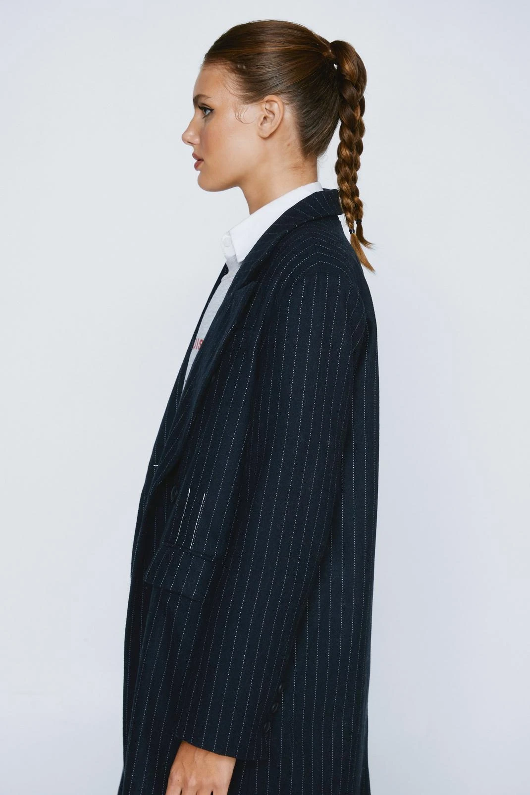 Pinstripe Wool Blend Contrast Stitch Duster