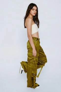 Satin Strap Detail Wide Leg Pocket Cargo