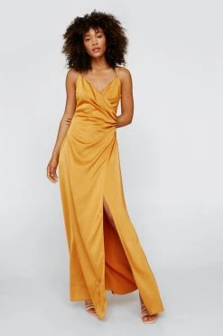 Satin V Neck Wrap Maxi Dress