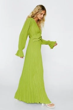 Pleated Chiffon Ruffle Maxi Dress -Nasty Gal shop womens olive pleated chiffon ruffle maxi dress 2