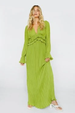 Pleated Chiffon Ruffle Maxi Dress -Nasty Gal shop womens olive pleated chiffon ruffle maxi dress 3