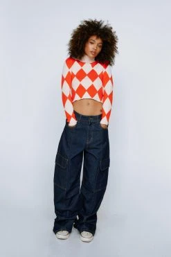 Harlequin Check Printed Tie Back Knitted Top