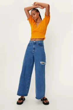 Shirred Puff Sleeve Crop Top