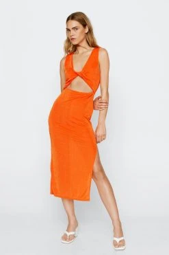 Twist Front Disco Slinky Midi Dress