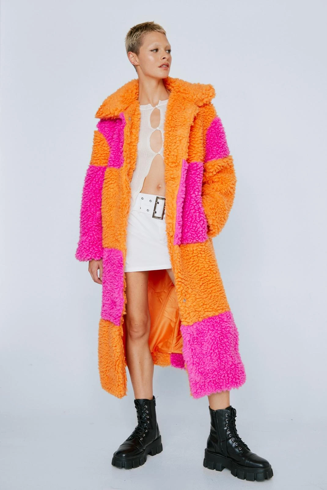 Color Block Borg Longline Coat - Image 2