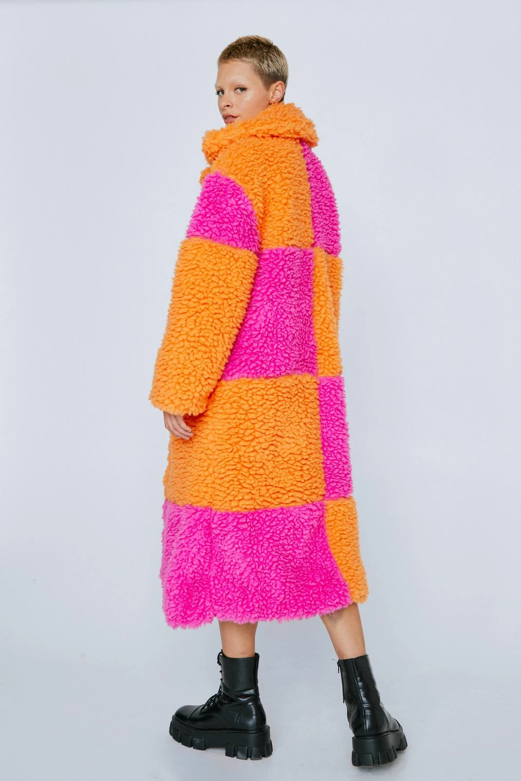 Color Block Borg Longline Coat - Image 3