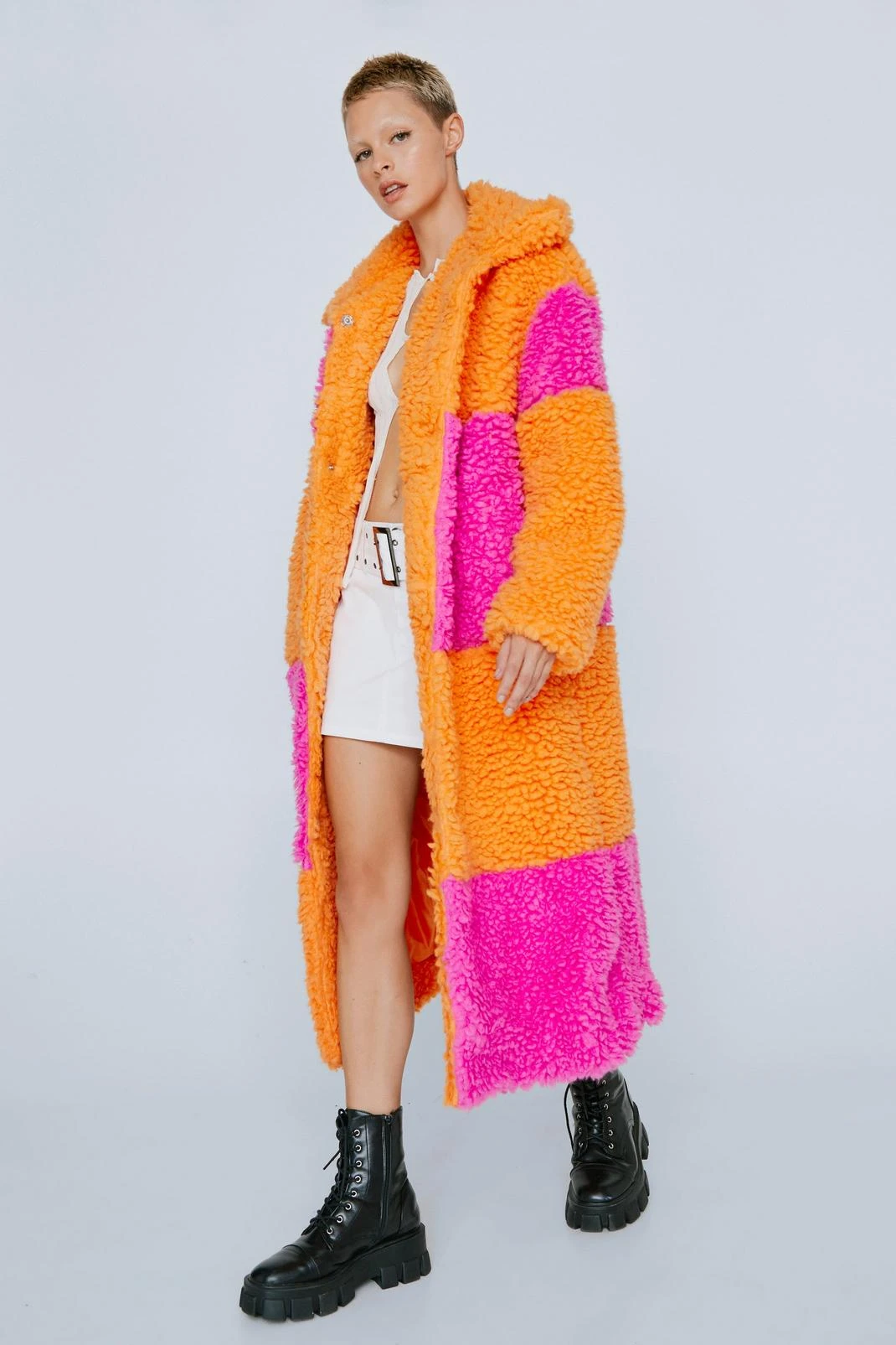 Color Block Borg Longline Coat - Image 4