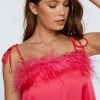 Feather Trim Satin Nighty Slip Dress
