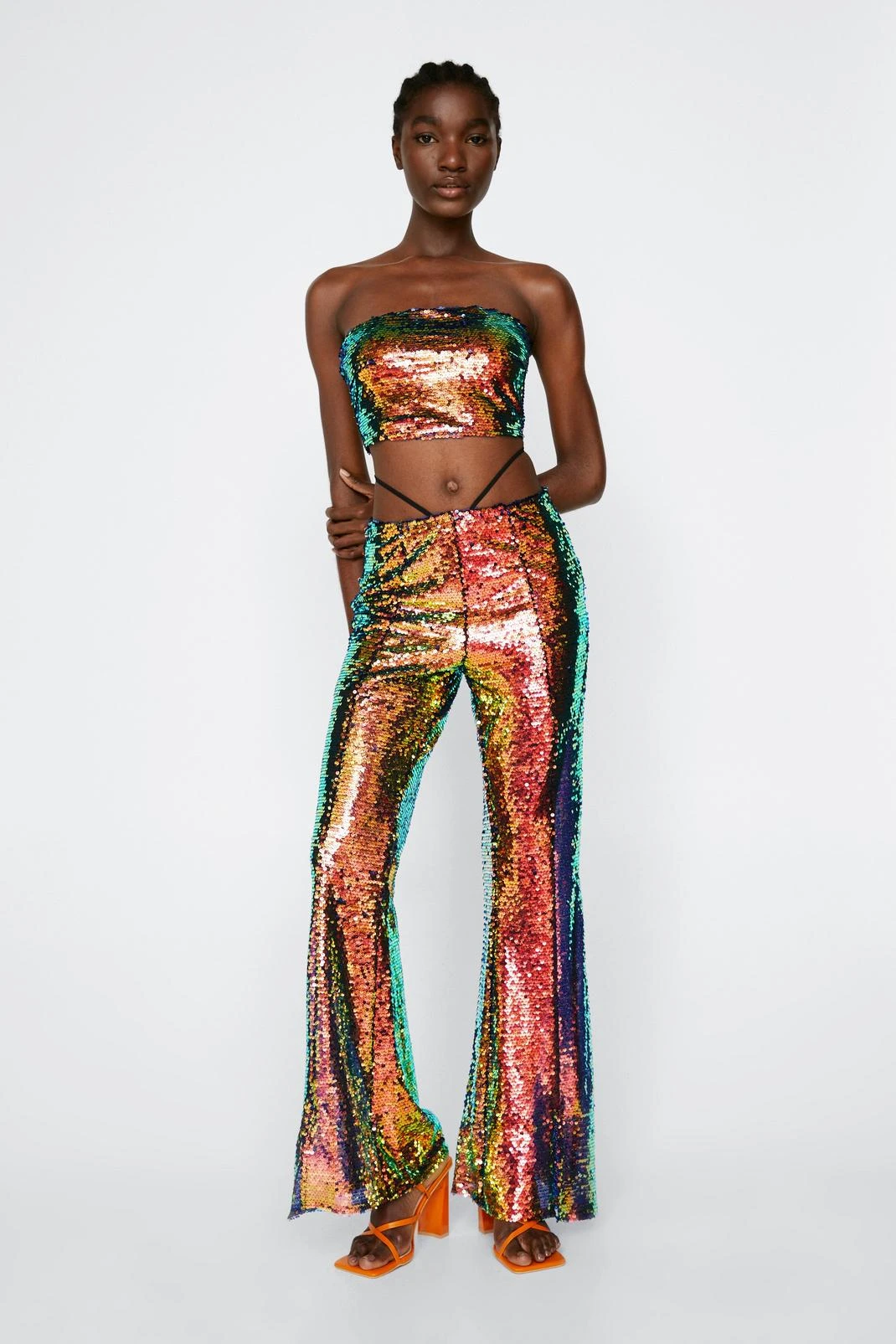 Irridescent Sequin Bandeau And Tie Flare