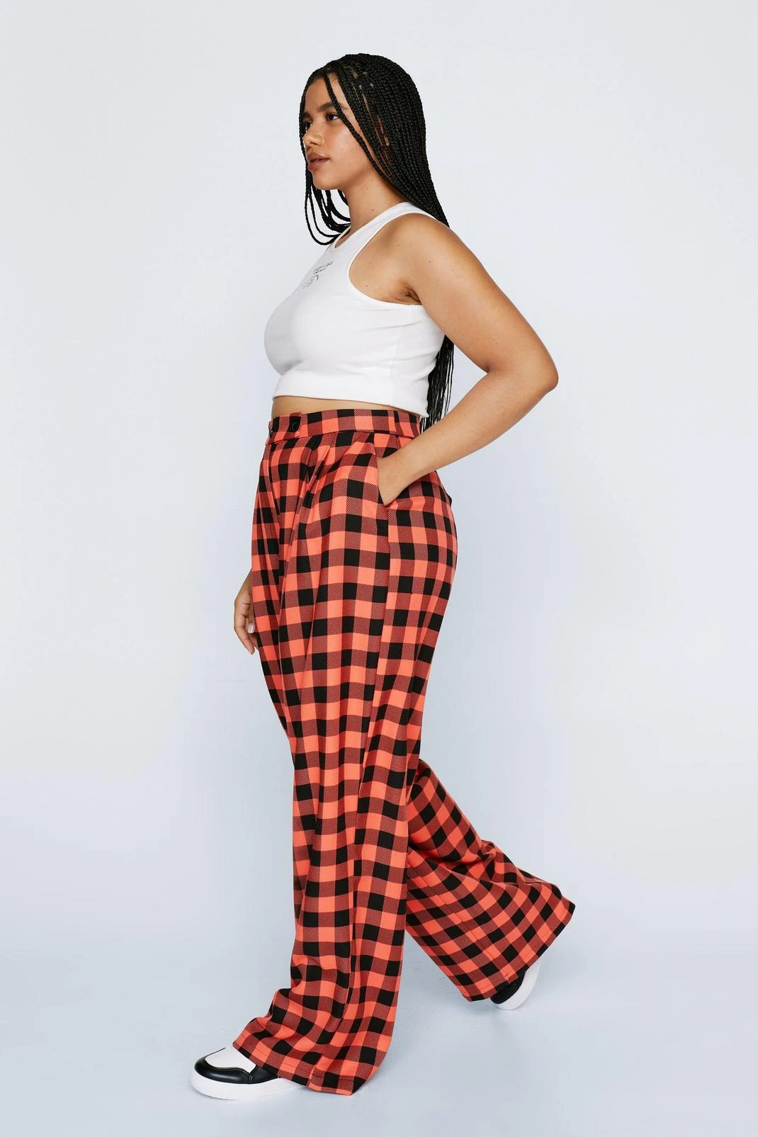 Plus Size Chain Detail Wide Leg Check Pants