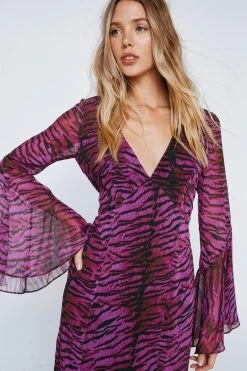 Animal Print Chiffon Long Sleeve Maxi Dress