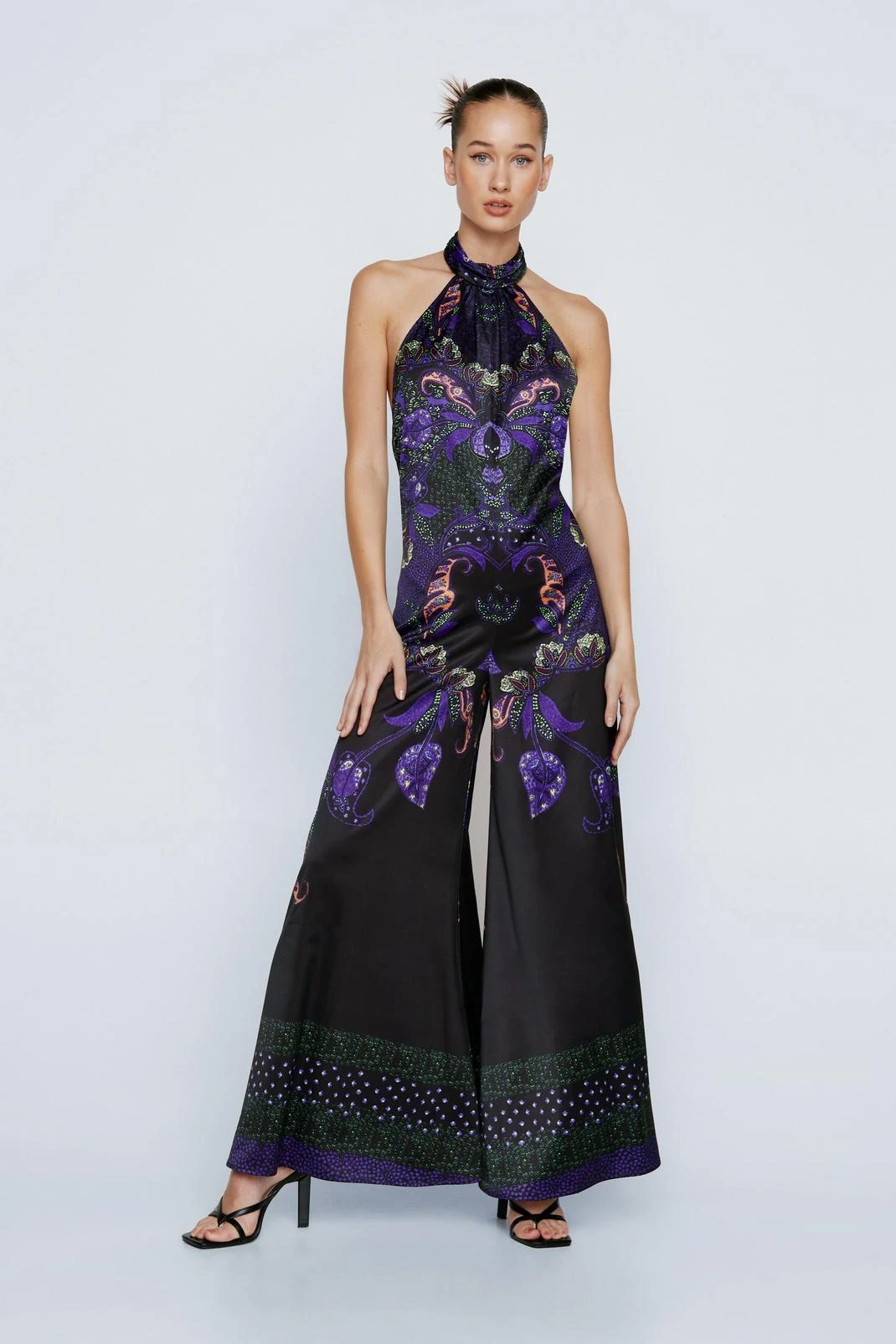 Petite Placement Print Halterneck Wide Leg Jumpsuit - Image 4