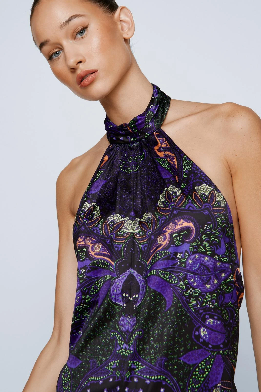 Petite Placement Print Halterneck Wide Leg Jumpsuit